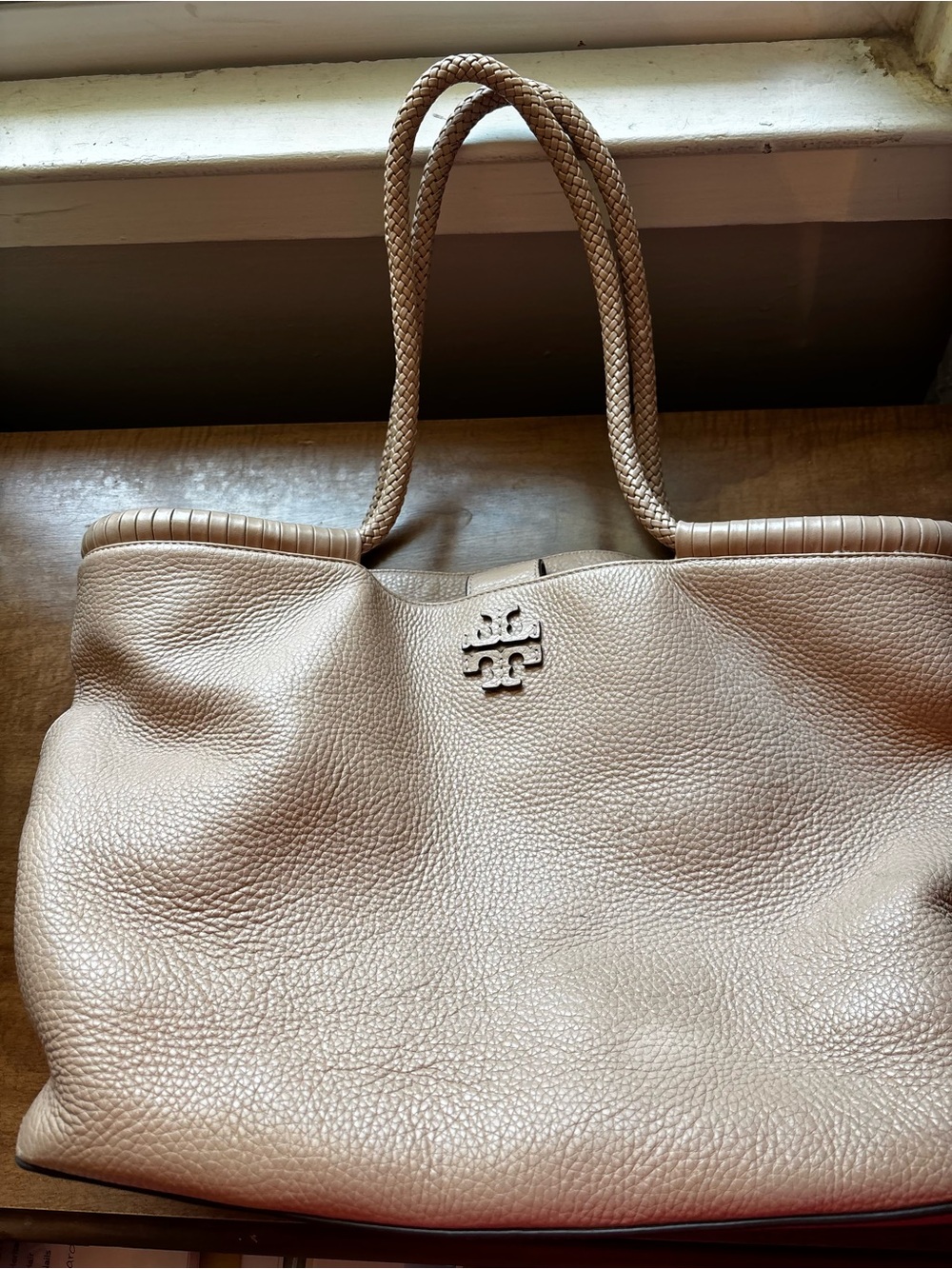 Tory Burch Pebbled Leather Tote in Light Beige